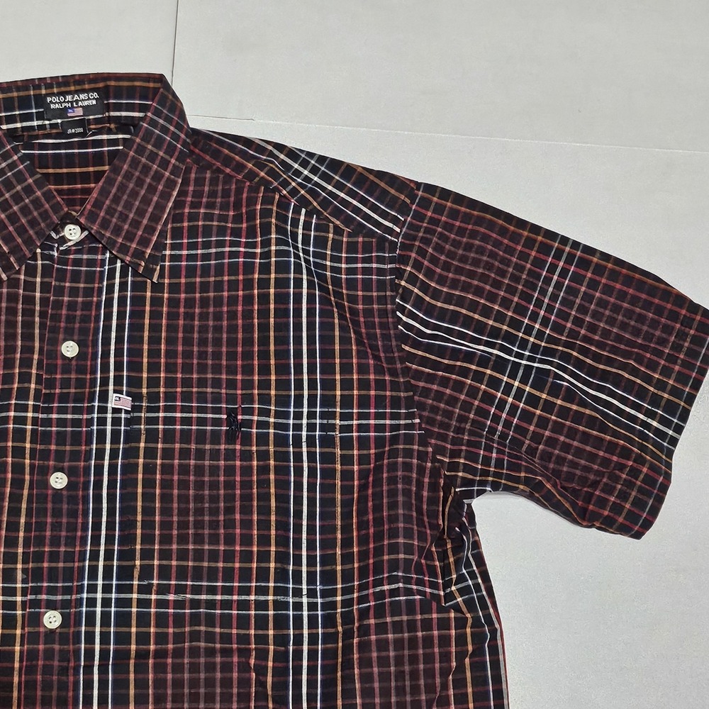 Polo Jeans Co Ralph Lauren Mens Large Plaid Button Down Shirt Short Sleeve USA